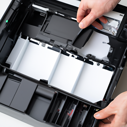 תמונה של אדם פורק ומפרק מדפסת לייזר חדשה הכל-באחד