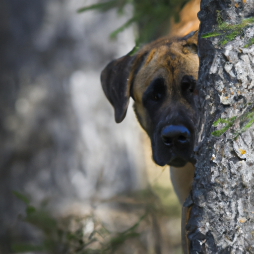 כלב גדול מחפש את בעליו שמסתתר מאחורי עץ