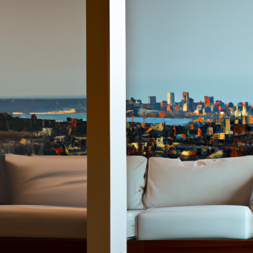 סלון מוקם עם תמונה מפוצלת של נוף עירוני, המדגים כיצד התמונה משפיעה על תפיסת החדר.