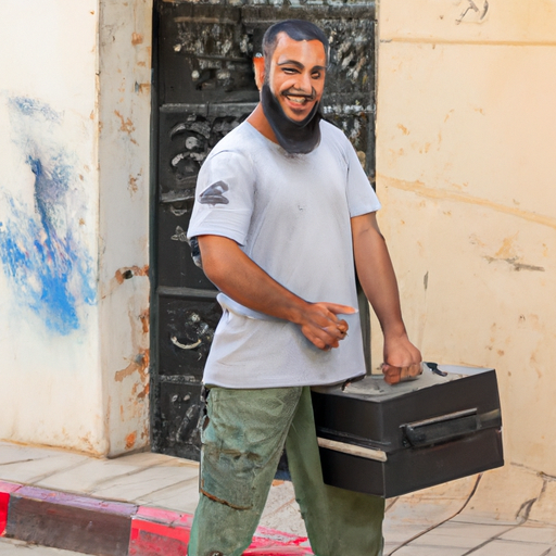 תמונה של המנעולן מטבריה, מחייך כשהוא אוחז בארגז הכלים שלו