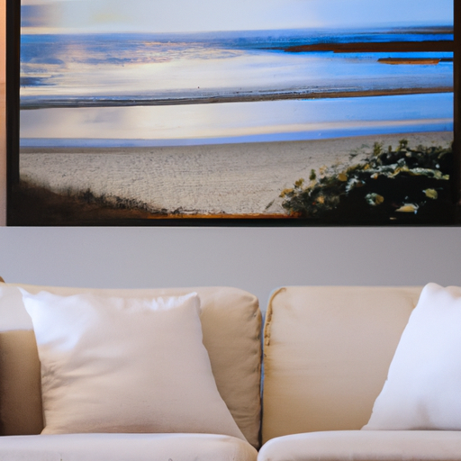 סלון המציג תמונה מפוצלת של סצנת חוף שלווה, המוסיף אווירה מרגיעה לחלל.