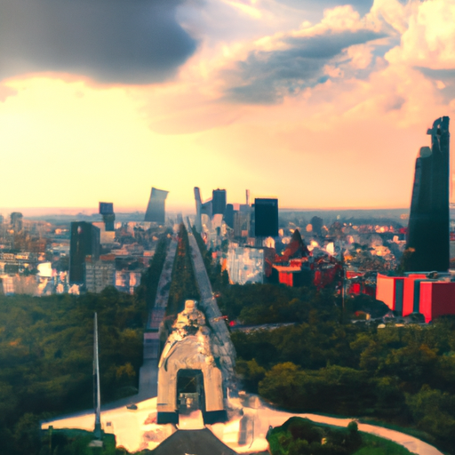 נוף פנורמי של קו הרקיע של מקסיקו סיטי, עם אנדרטת המהפכה האיקונית בגובה רב.