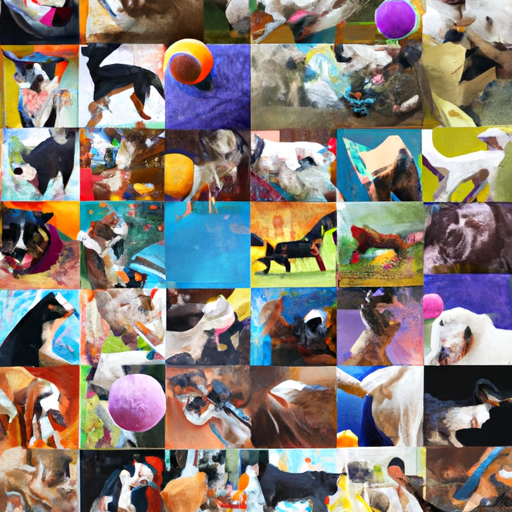 קולאז' של כלבים מגזעים גדולים משחקים שונים