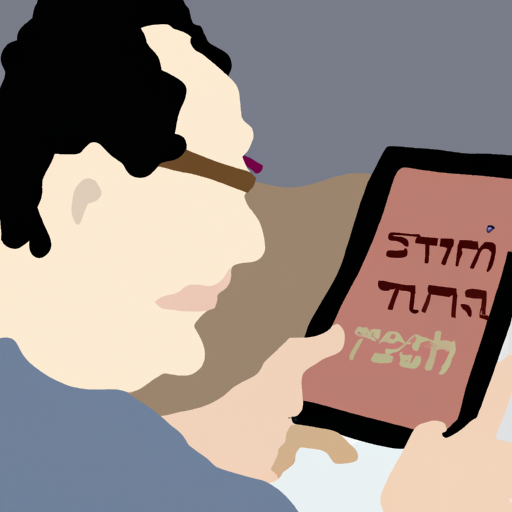 איור של אדם קורא ספר דיגיטלי בעברית בטאבלט.